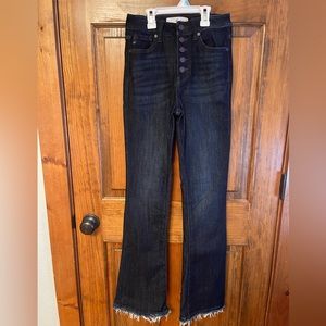 Kancan Women’s High Rise Dark Wash Flare Jeans With Fraying At Bottom